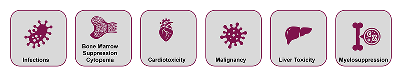 Adverse events include infection (virus icon), bone marrow suppression and cytopenia (bone marrow icon), cardiotoxicity (heart icon), malignancy (malignancy icon), liver toxicity (liver icon), and myelosuppression (bone zooming into cells). 