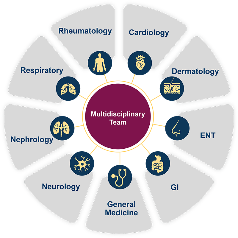 A wheel of different healthcare specialties representing the multidisciplinary coordinated care team that can be involved in the management of patients with EGPA. The team includes cardiology, dermatology, ENT specialists, gastroenterology, general medicine, neurology, nephrology, respiratory medicine, and rheumatology.